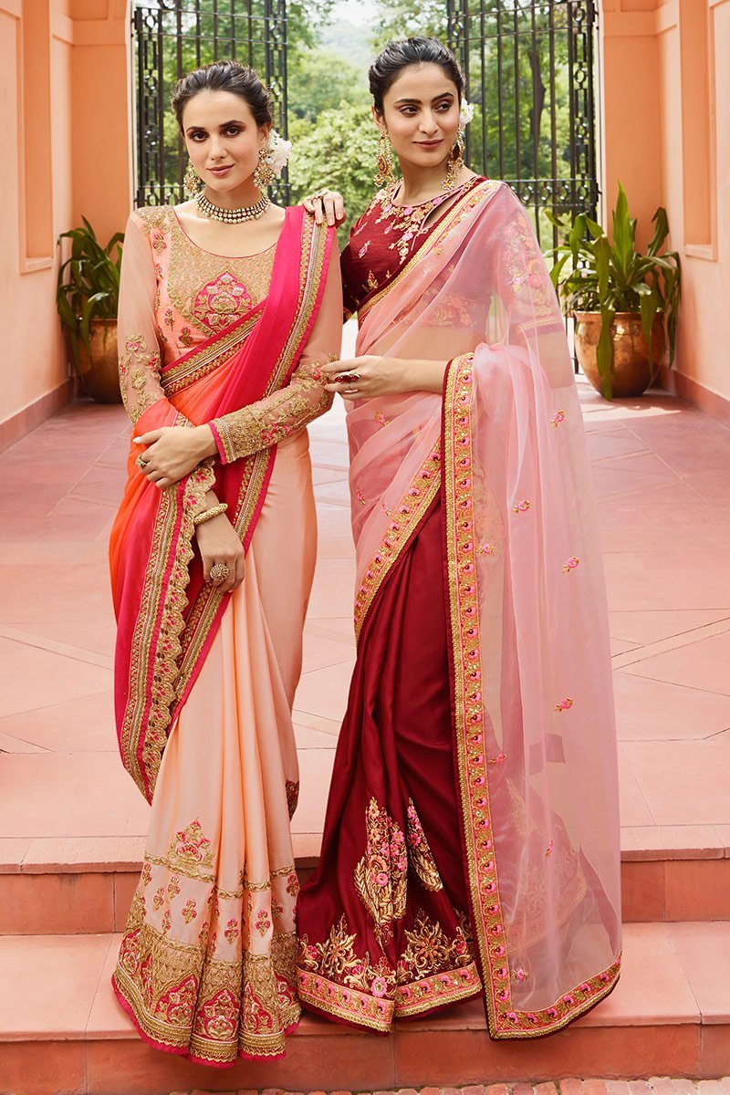 Dual Shaded Peach and Rani-Pink Silk Saree with Heavy Blouse