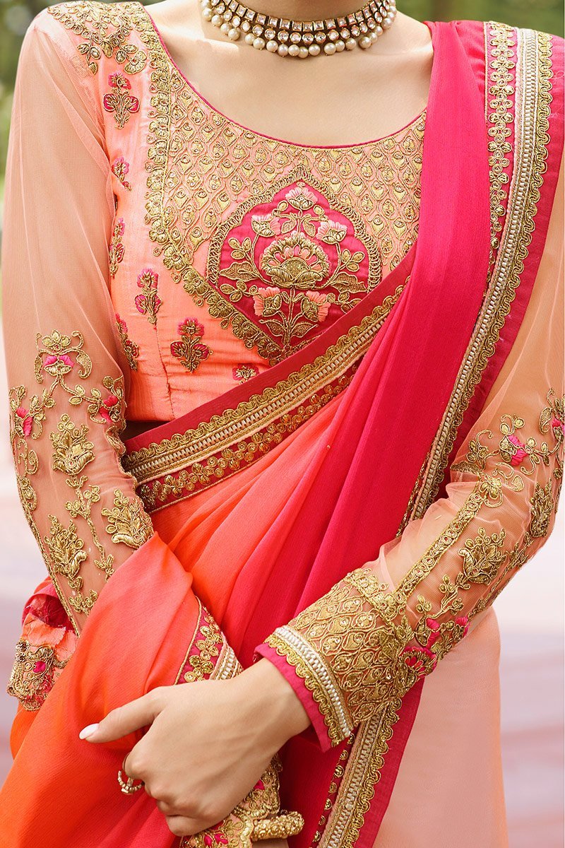 Dual Shaded Peach and Rani-Pink Silk Saree with Heavy Blouse