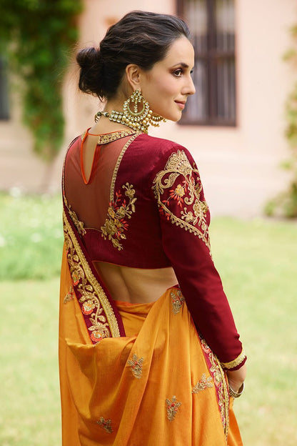 Mustered Colored Silk Saree with Maroon Blouse