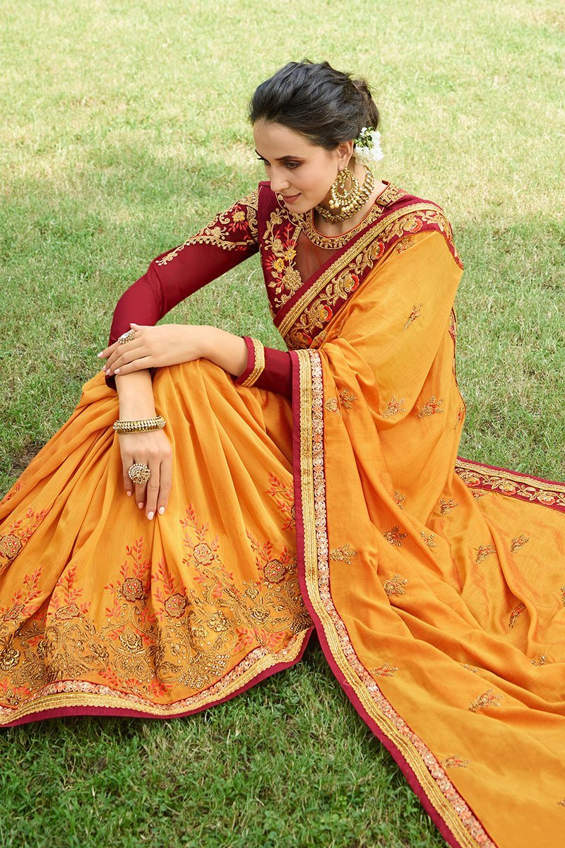 Mustered Colored Silk Saree with Maroon Blouse