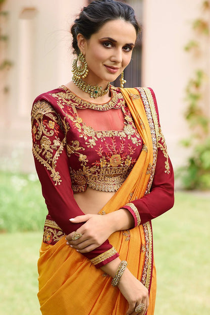 Mustered Colored Silk Saree with Maroon Blouse