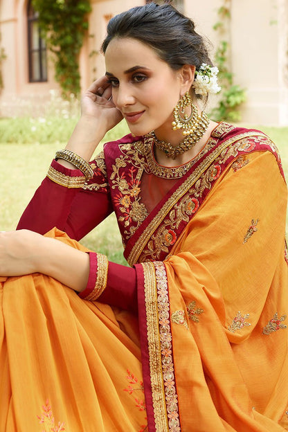 Mustered Colored Silk Saree with Maroon Blouse