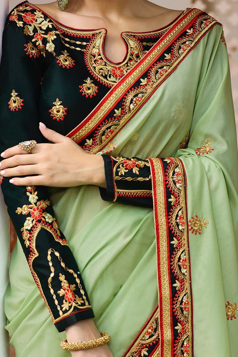 Pista-Green colored Silk Saree with Bottle-Green Blouse