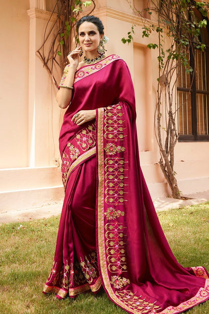 Wine Colored Silk Saree with Gold Colored Blouse