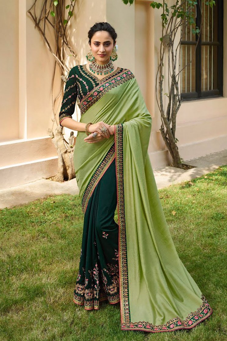 Pista Green Embroidered Designer silk Saree