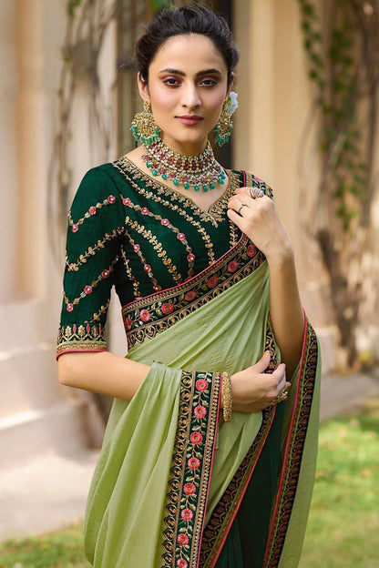 Pista Green Embroidered Designer silk Saree
