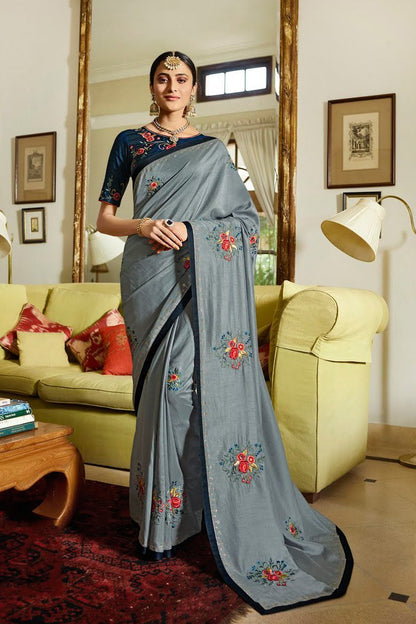 Silver Charm and navy Blue Embroidered Designer silk Saree