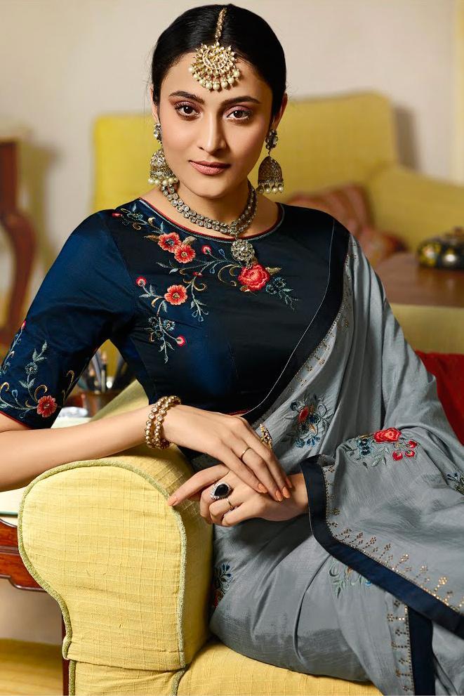 Silver Charm and navy Blue Embroidered Designer silk Saree