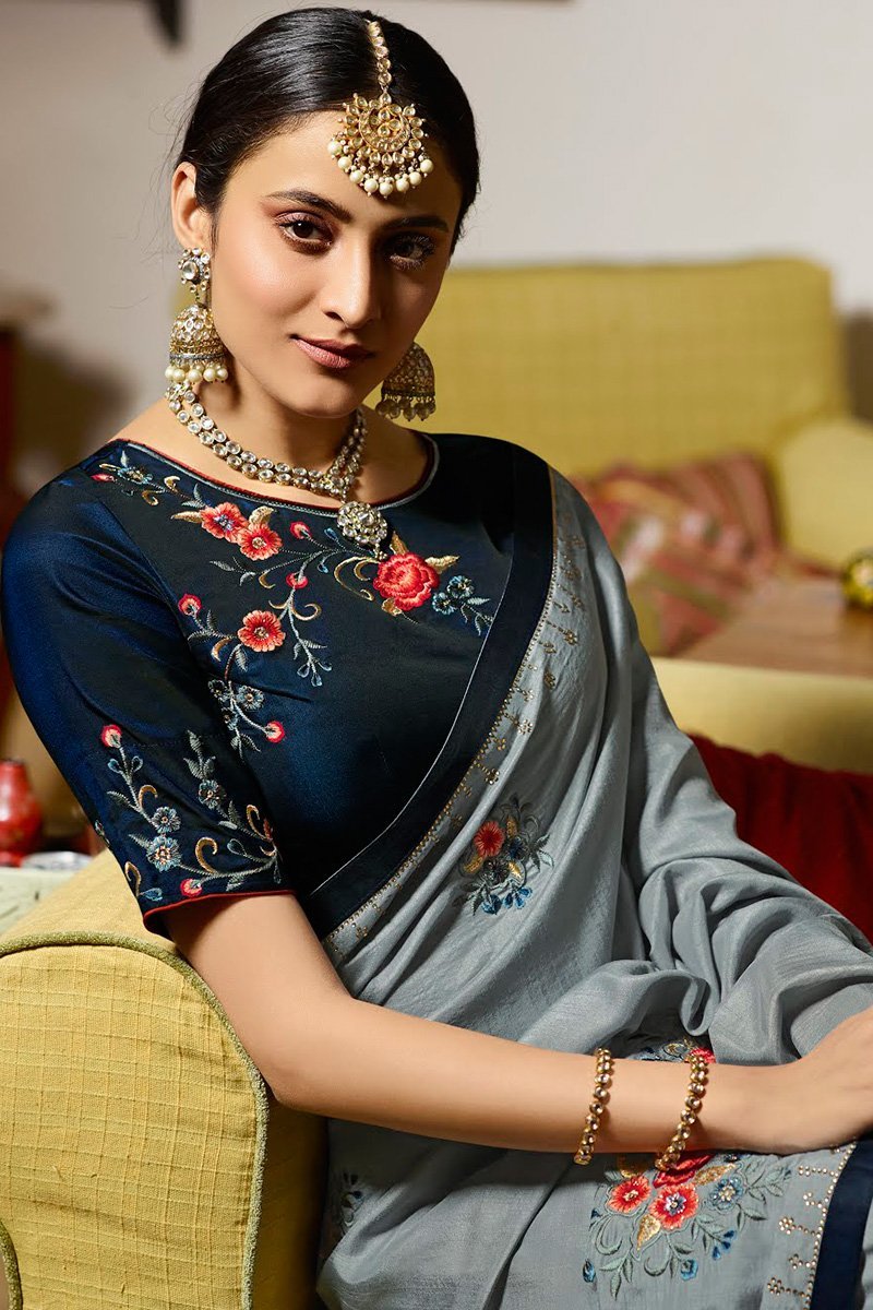 Silver Charm and navy Blue Embroidered Designer silk Saree