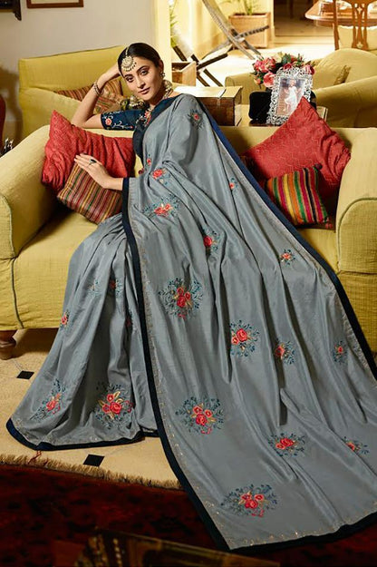 Silver Charm and navy Blue Embroidered Designer silk Saree