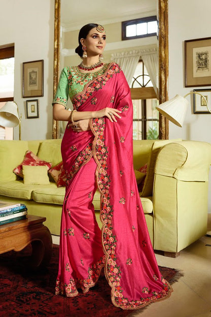 Rani Pink and Pista Green Embroidered Designer silk Saree