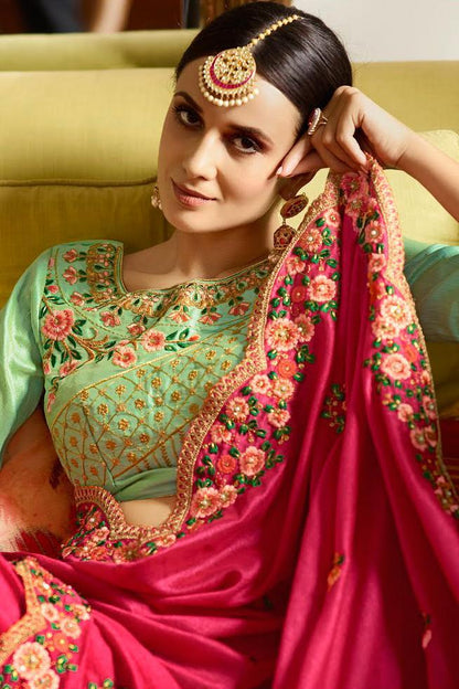 Rani Pink and Pista Green Embroidered Designer silk Saree
