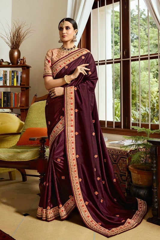 Maroon and Peach Embroidered Designer silk Saree