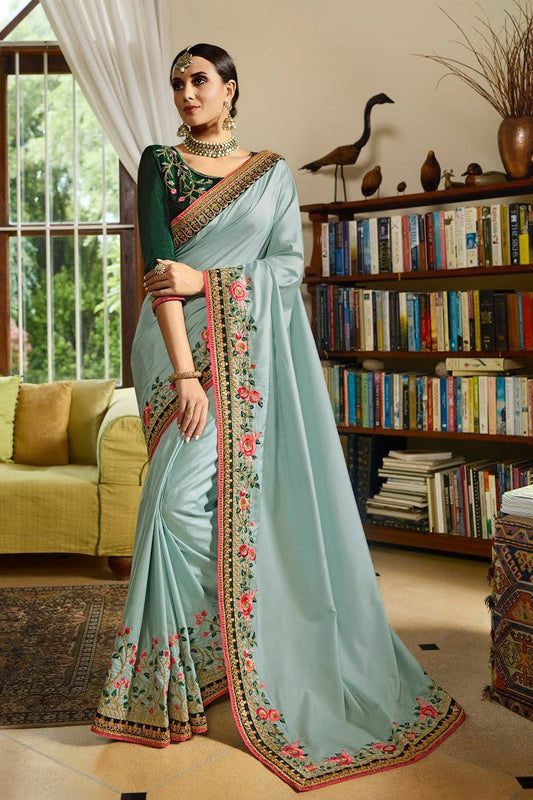 Dusky Sky and Bottle Green Embroidered Designer silk Saree