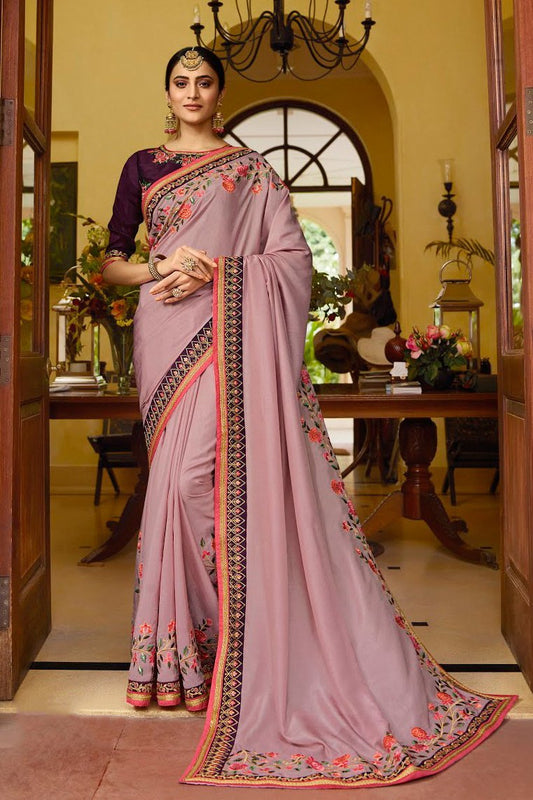Dusky Light Wine Embroidered Designer silk Saree
