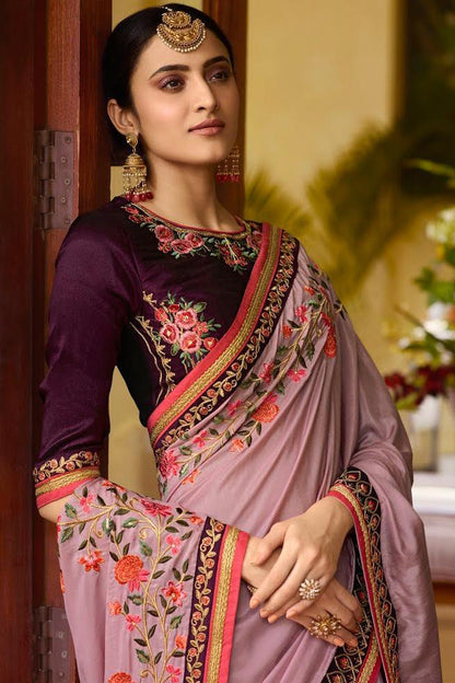 Dusky Light Wine Embroidered Designer silk Saree