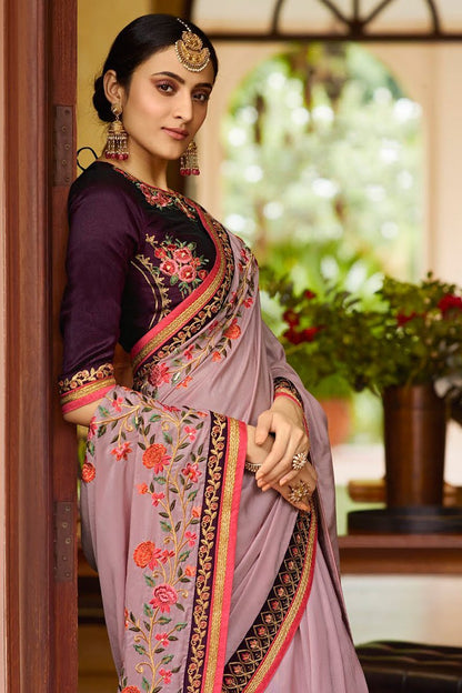 Dusky Light Wine Embroidered Designer silk Saree