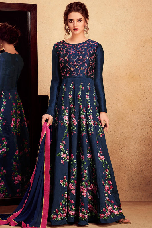Midnigh Blue Silk Party Wear Anarkali Suit