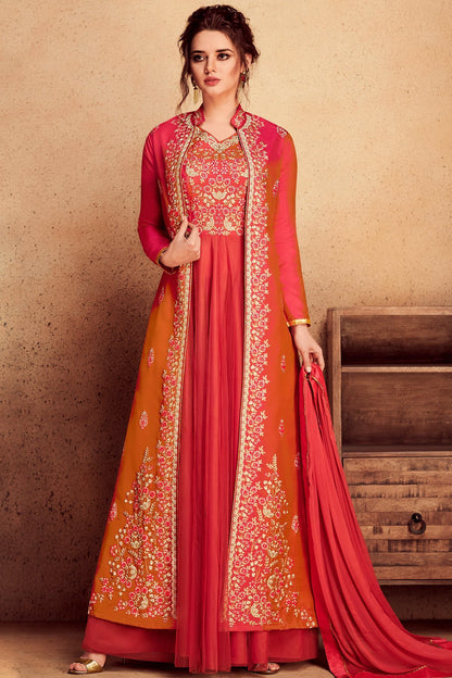 Crimson Red Party Wear Silk Anarkali Suit