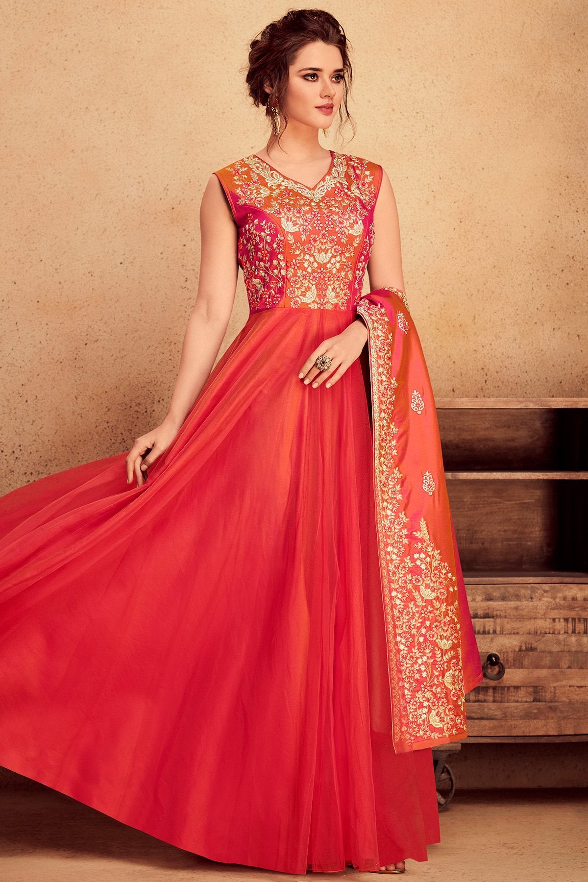 Crimson Red Party Wear Silk Anarkali Suit