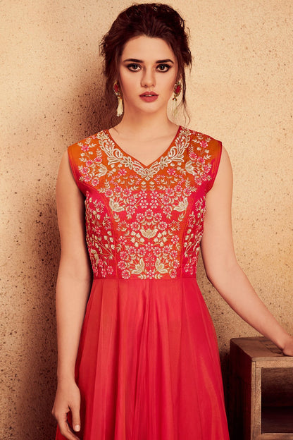 Crimson Red Party Wear Silk Anarkali Suit