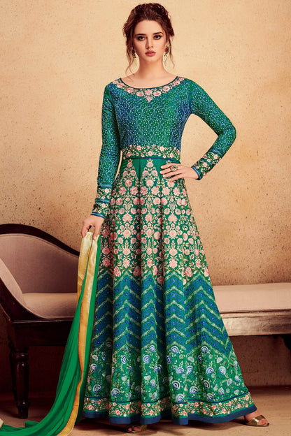 Cyan Blue Party Wear Silk Anarkali Suit
