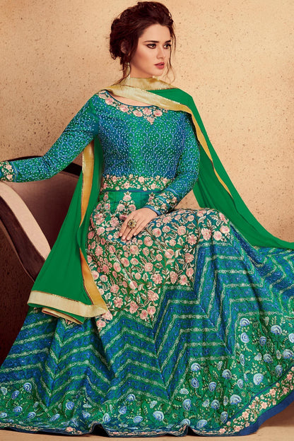 Cyan Blue Party Wear Silk Anarkali Suit