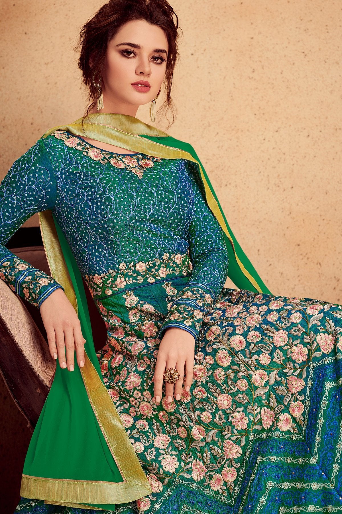 Cyan Blue Party Wear Silk Anarkali Suit