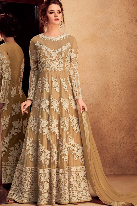 Brass Brown Party wear Silk Anarkali Suit