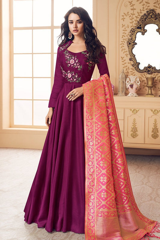 Purple And Peach Embroidered Satin Anarkali Suit