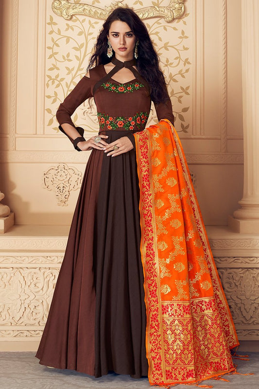 Brown And Orange Embroidered Satin Anarkali Suit
