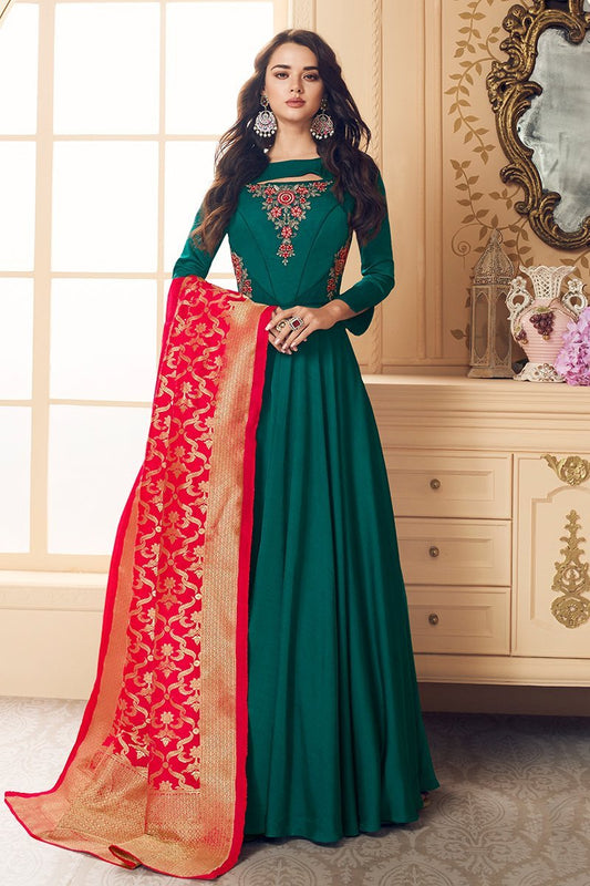Green And Red Embroidered Satin Anarkali Suit