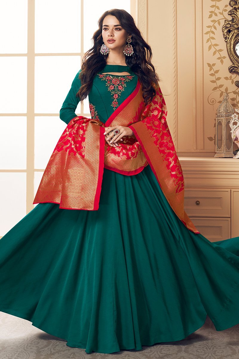 Green And Red Embroidered Satin Anarkali Suit