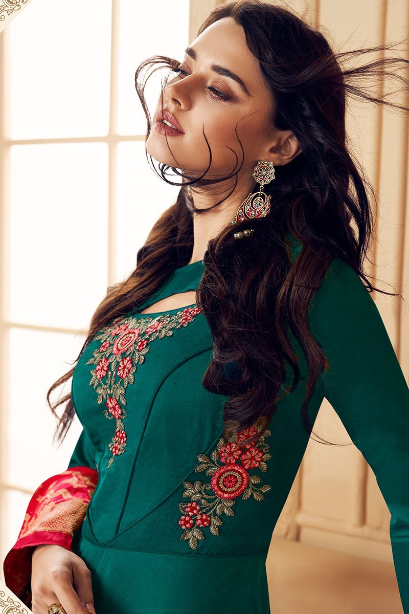 Green And Red Embroidered Satin Anarkali Suit