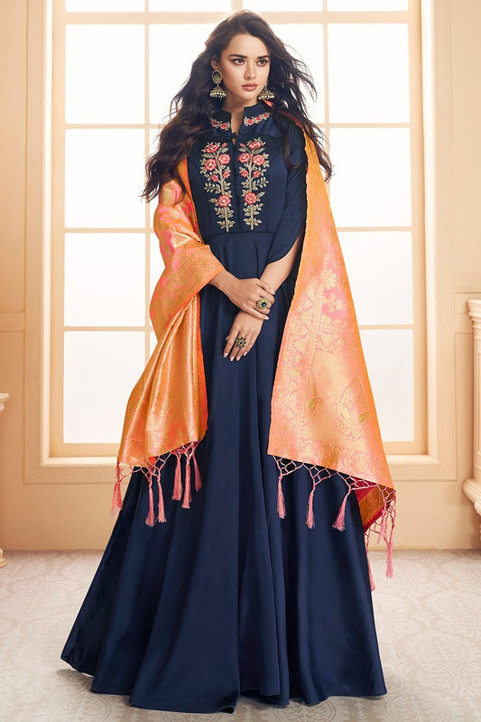Blue And Orange Embroidered Satin Anarkali Suit