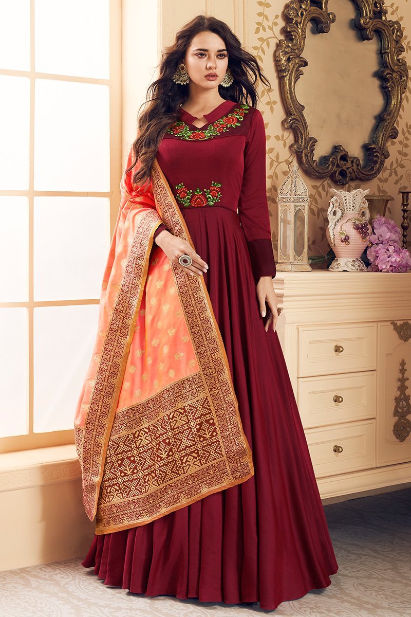 Red And Peach Embroidered Satin Anarkali Suit