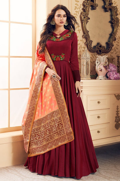Red And Peach Embroidered Satin Anarkali Suit