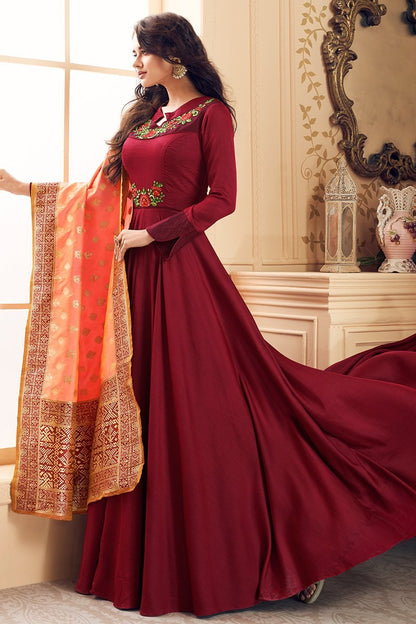 Red And Peach Embroidered Satin Anarkali Suit