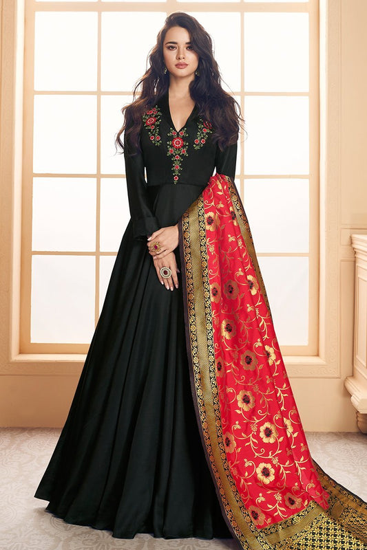 Black And Red Embroidered Satin Anarkali Suit