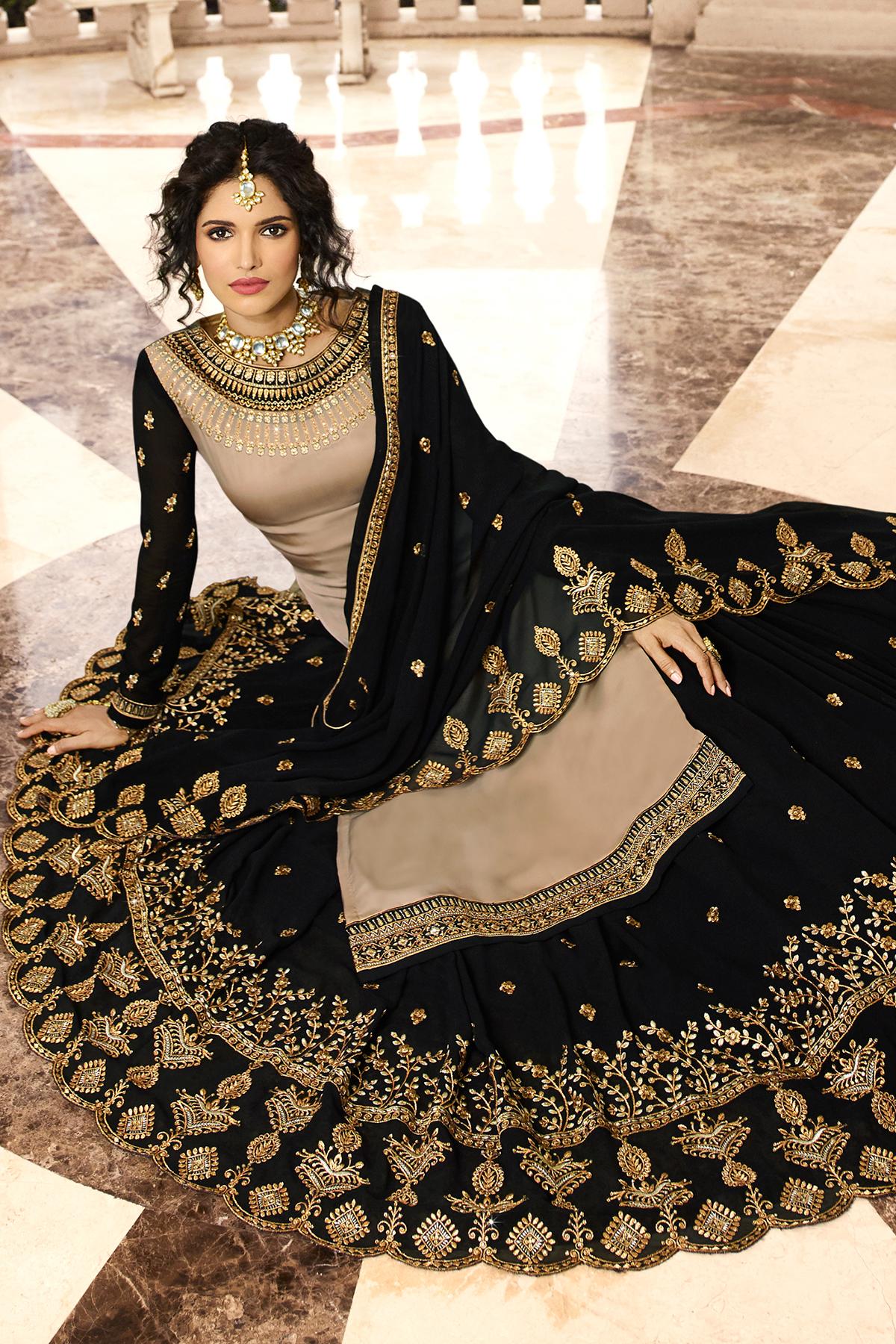Ash Grey And Black Designer Gharara Suit