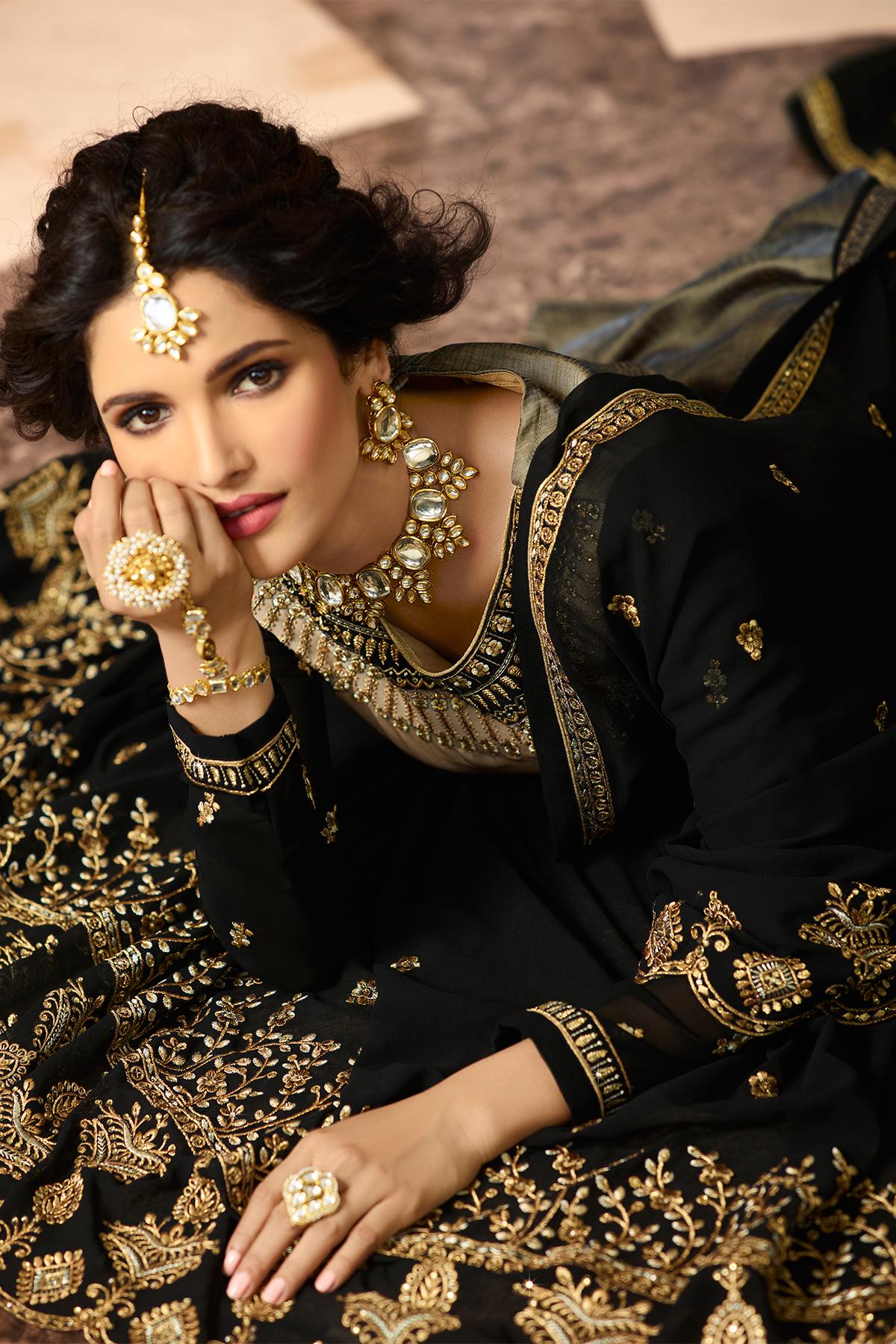 Ash Grey And Black Designer Gharara Suit