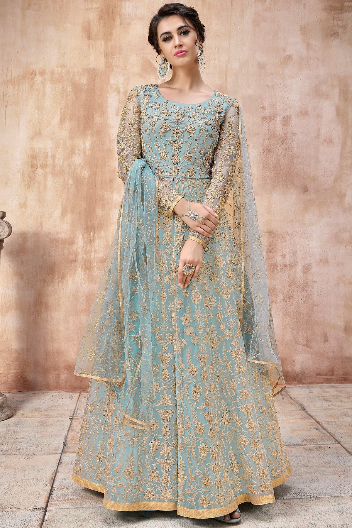 Baby Blue Embroidered Net Anarkali Suit