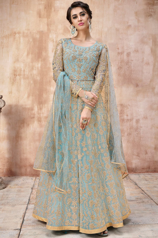 Baby Blue Embroidered Net Anarkali Suit