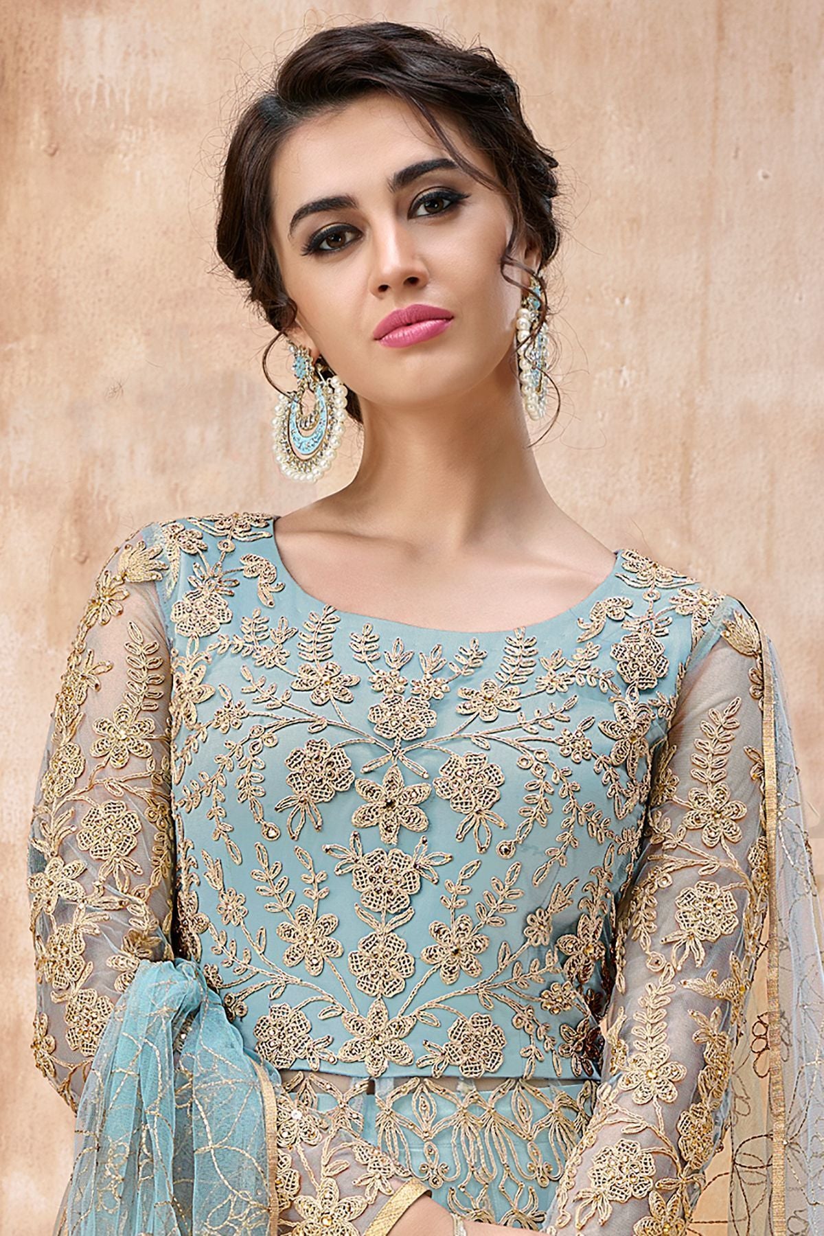 Baby Blue Embroidered Net Anarkali Suit