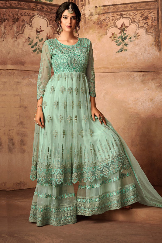 Baby Blue Net Embroidered palazzo Suit