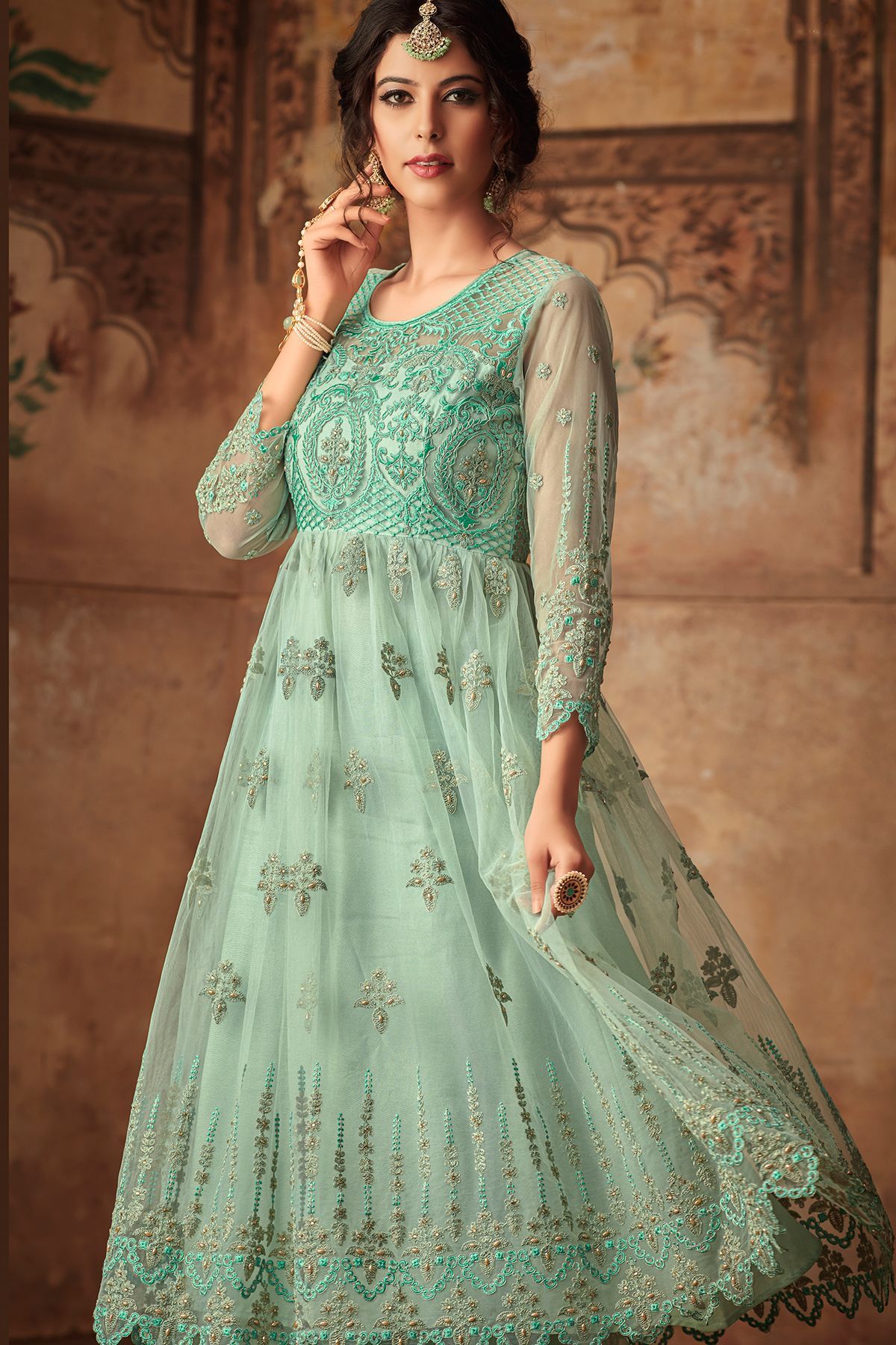 Baby Blue Net Embroidered palazzo Suit