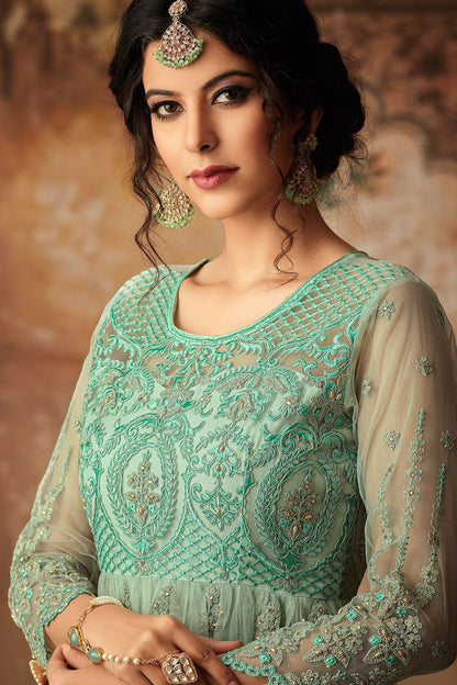 Baby Blue Net Embroidered palazzo Suit