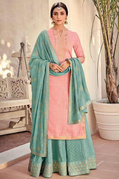 Baby Pink And Teal Blue Designer Palazzo Suit