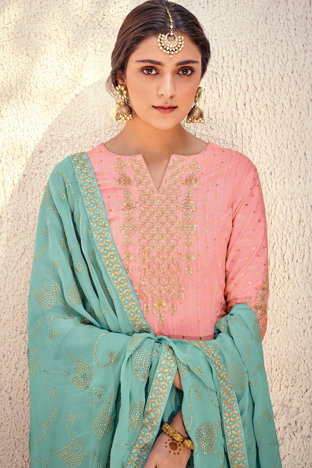 Baby Pink And Teal Blue Designer Palazzo Suit