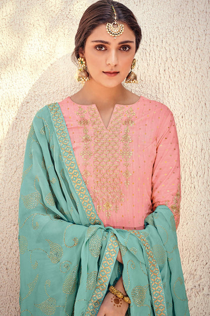 Baby Pink And Teal Blue Designer Palazzo Suit